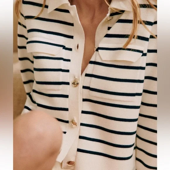 Sezane | NWOT Betty Cardigan in Navy/Ecru Stripe RARE OG Gold Buttons Small - Picture 2 of 14